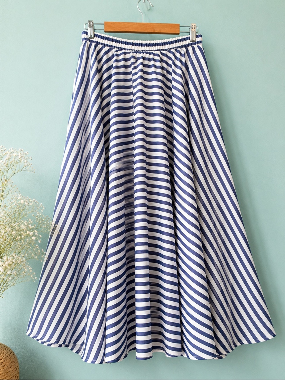 NWT Cupshe Blue White Striped Maxi Skirt Coastal Vacation Pull-On Flowy Size L